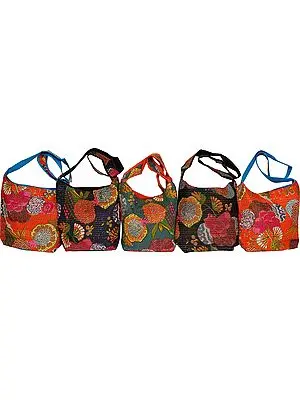 Lot of Five Sling Bags with Printed Flowers and Kantha Stitch