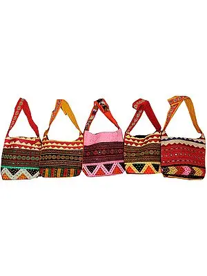 Lot of Five Kantha Embroidered Shopper Bags with Mirrors