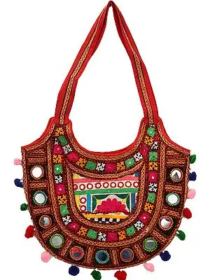 Multicolored Floral-Embroidered Shoulder Bag from Kutch