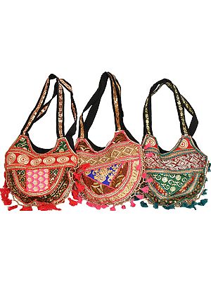 Lot of Three Shopper Bags from Gujarat with Embroidered Patchwork and Sequins