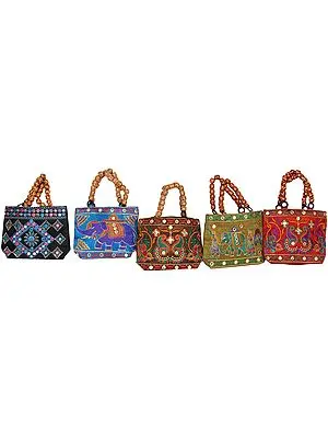 Lot of Five Embroidered Handbags from Kutch with Beaded Handles