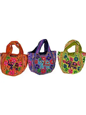 Lot of Three Shopper Bags from Gujarat with Aari Embroidered Elephants