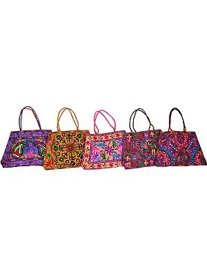 Lot of Five Shopper Bags from Gujarat with Aari Embroidery