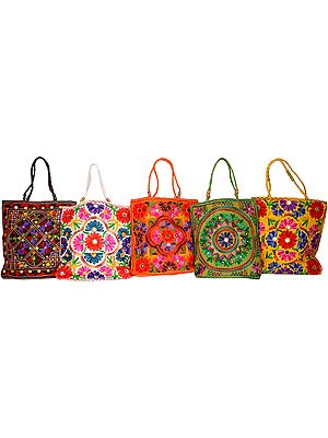 Lot of Five Shopper Bags from Gujarat with Aari-Embroidery and Mirrors