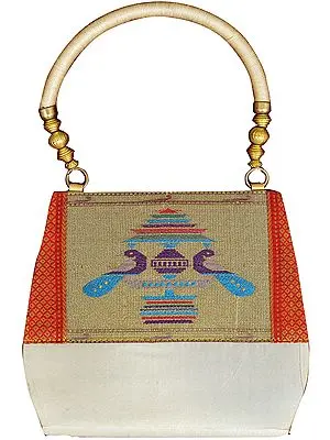 Ivory Paithani Handbag with Hand-woven Peacocks and Brocade Weave