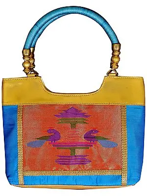 Turquoise Paithani Handbag with Hand-woven Peacocks
