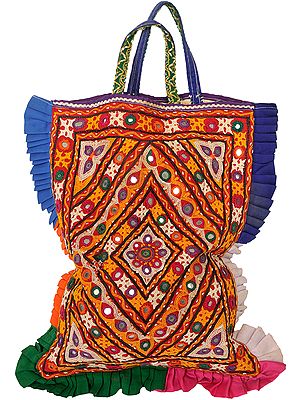 Multi-Color Antiquated Rabari-Emroidered Shopper Bag from Kutch with Mirrors