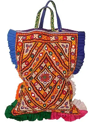 Multi-Color Antiquated Rabari-Emroidered Shopper Bag from Kutch with Mirrors