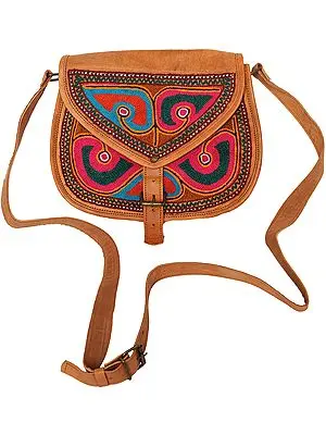 Fawn Leather Handbag from Jodhpur with Aari Embroidery by Hand