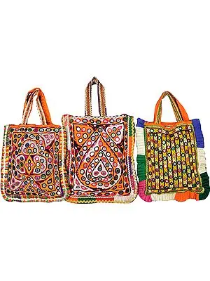 Lot of Three Antiquated Shopper Bags from Kutch with Rabari Embroidery and Mirrors