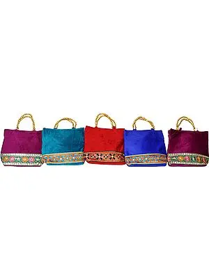 Lot of Five Velvet Handbags with Embroidered Patch and Beaded Handles