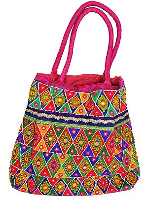 Multi-Color Shopper Bag from Kutch with Floral Embroidery and Mirrors