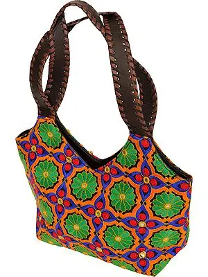 Multicolor Handbag from Jaipur with Embroidered Flowers and Mirrors