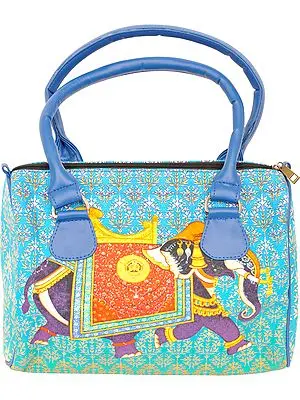 Cyan-Blue Tote Bag from Jaipur with Digital-Printed Royal Elephant