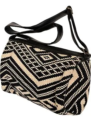 Black and White Wool-Embroidered Handbag with Adjustable Strap