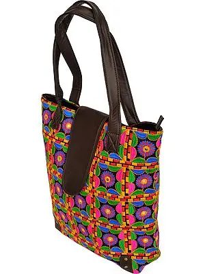 Multicolor Shopper Bag from Kutch with Embroidered Flowers and Mirrors