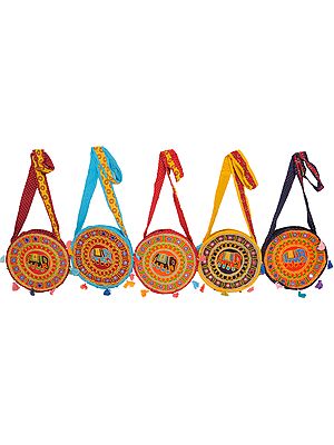 Lot of Five Circular Shoulder Bags from Kutch with Embroidered Elephant and Mirrors