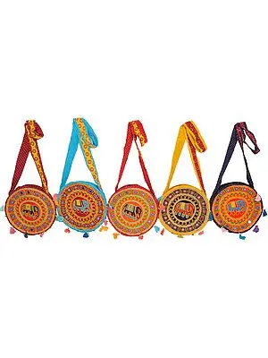 Lot of Five Circular Shoulder Bags from Kutch with Embroidered Elephant and Mirrors