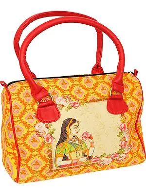 Yellow and Red Tote Bag from Jaipur with Digital-Printed Ragini
