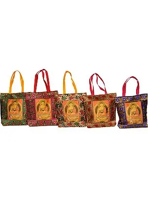 Lot of Five Brocaded Shopper Bags from Banaras with Buddha in Bhumisparsha Mudra