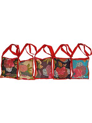 Lot of Five Sling Bags from Jodhpur with Floral Print and Kantha Straight Stitch