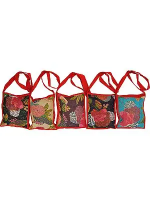 Lot of Five Sling Bags from Jodhpur with Floral Print and Kantha Straight Stitch