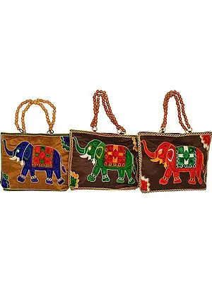 Lot of Three Handbags with Wool-Embroidered Elephant and Beaded Handles