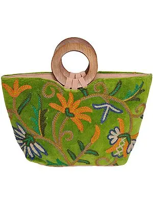 Fluorite-Green Handbag from Kashmir with Aari-Embroidery