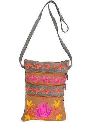 Gray and Taupe Shoulder Bag from Kashmir with Aari Embroidery