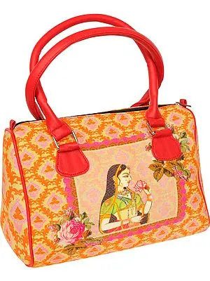 Orange Tote Bag from Jaipur with Digital-Printed Ragini