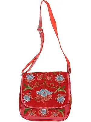 Garnet-Red Handbag from Kashmir with Aari Embroidered Flowers