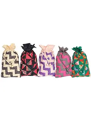 Lot of Five Floral Printed Potli Bags with Patchwork