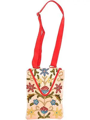 Cream and Red Handbag with Aari-Embroidery by Hand