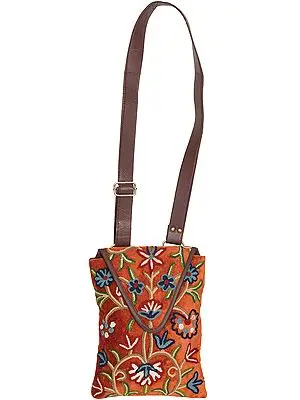 Copper-Brown Floral Embroidered Shoulders Bag from Kashmir with Leather Strap