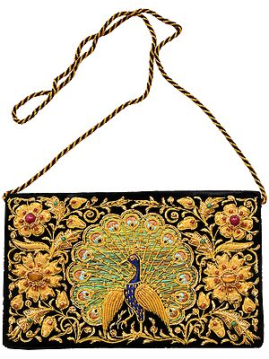 Jet-Black Peacock Clutch Bag with Zardozi-Embroidery and Faux Gemstone