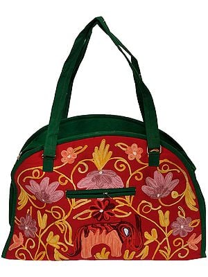 Red and Green Shopper Bag from Kashmir with Aari Floral-Embroidery