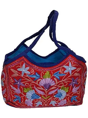 Red and Blue Shopper Bag from Kashmir with Aari Embroidered Flowers