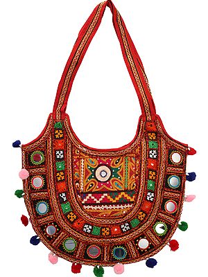 Multicolored Floral-Embroidered Shoulder Bag from Kutch