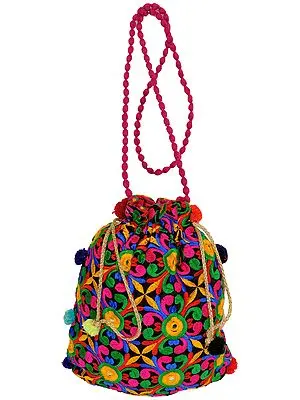 Multicolored Floral-Embroidered Drawstring Potli Bag