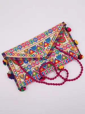 Clutch Bag with Thread Embroidery All-Over and Mirrors