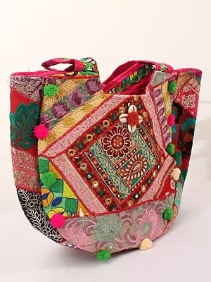 Shopper Bag from Kutch with Floral Embroidery and Sea-Shells