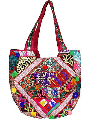 Multicolored Shopper Bag from Kutch with Floral Embroidery and Sea-Shells