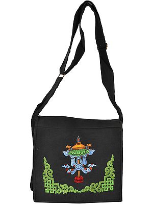 Jhola Bag with Embroidered Tibetan Ashtamangala Symbol