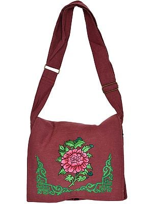 Jhola Bag with Embroidered Tibetan Ashtamangala Symbol