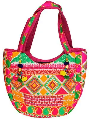 Multicolored Shopper Bag from Gujarat with Thread-Embroidery All-Over