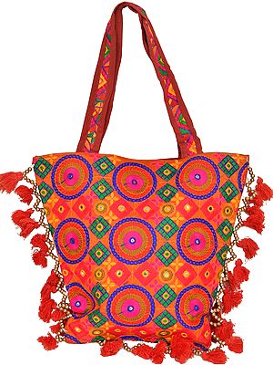 Persimmon-Orange Shopper Bag with Embroidered Chakras and Mirrors