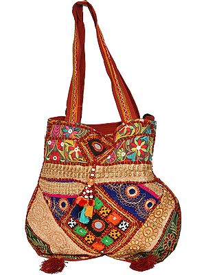 Earth-Red Shoulder Bag from Kutch with Embroidery and Large Mirrors