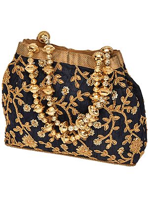 Patriot-Blue Bracelet Bag with Golden-Embroidery and Beaded Handles