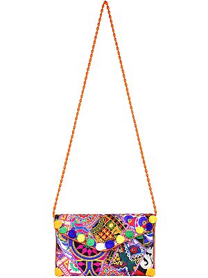 Multicolored Embroidered Clutch Bag with Front Flap and Large Mirrors