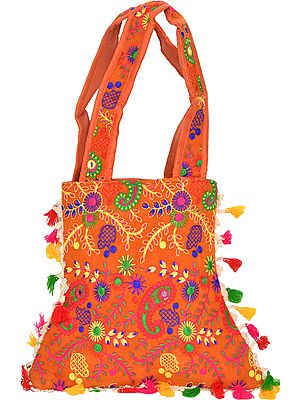 Jhola Bag with Embroidered Paisleys and Mirrors